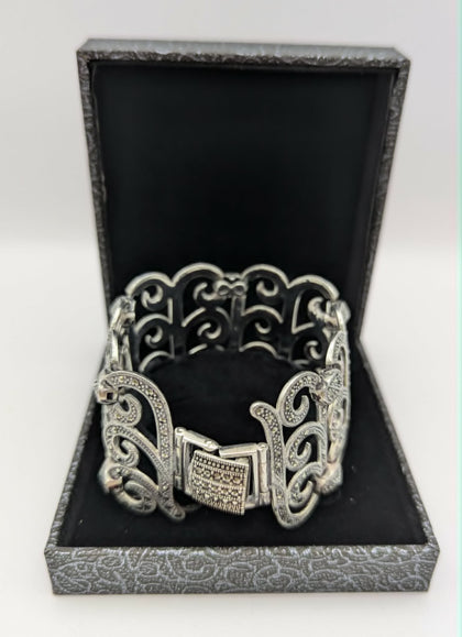 925 HALLMARKED, SILVER, Marcasite Link Cuff Bracelet, 7