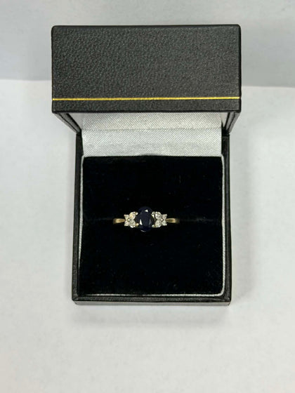 9ct Gold Garnet Ring, Saphire,Dia Stones ( Size J ) 2.6g - ** Hallmarked **