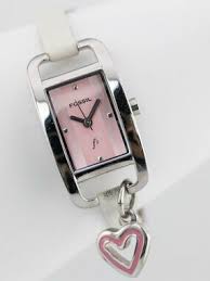 Fossil F2 Tank Style Watch With Heart Charm Pink. ***Boxed***
