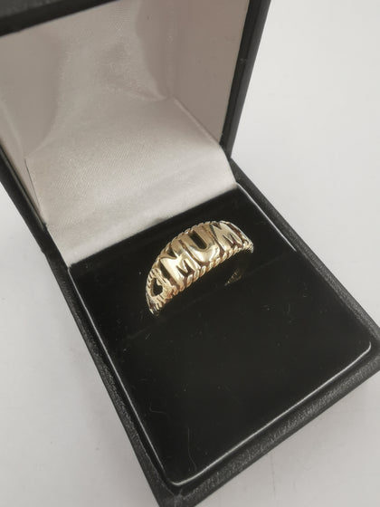 9CT Gold *MUM* Ring (375 Hallmarked) Love Hearts Side Design, 1.7Grams Total, Size: P