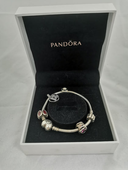 Pandora Bracelet, 5 Charms (925 ALE Hallmarked), 28.13Grams, Size: 7