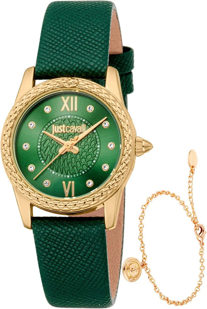 ...sale... Just Cavalli Green Leather Strap Watch