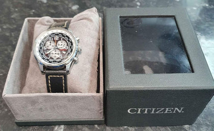 Citizen H500 S055148 Eco Drive WR100 World Chronograph with Black Leather Strap.