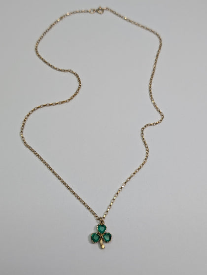 9ct Gold Emerald Three Leaf Clover Pendant & Chain