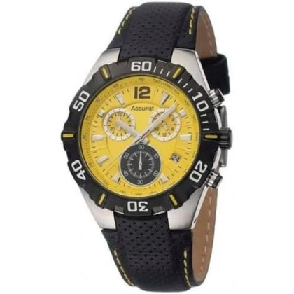 Accurist - Gents Black Leather Strap Watch with Yellow Chronograph Dial