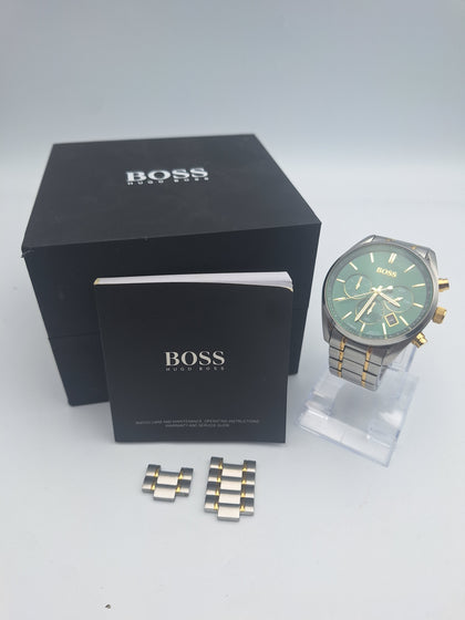 Hugo Boss 416.1.14.357 mens 2 toned stainless steel quartz Watch with green dial extra links and box