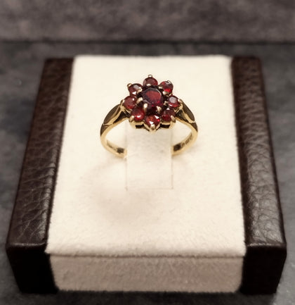 9ct Yellow Gold Red Stone Cluster Ring - Size I