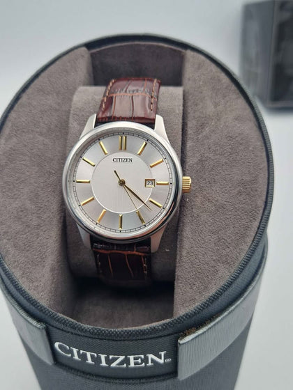 Citizen Men's Gold Plated Watch BA1054-55A – White Dial – Leather Strap – Boxed