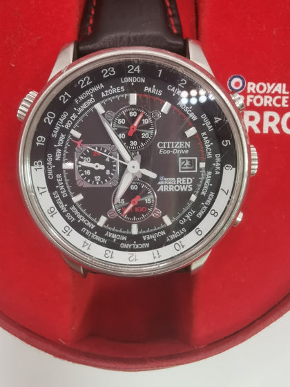 Citizen Eco-Drive Red Arrows Chronograph Stainless Steel/Black Leather Strap-Scratched Face