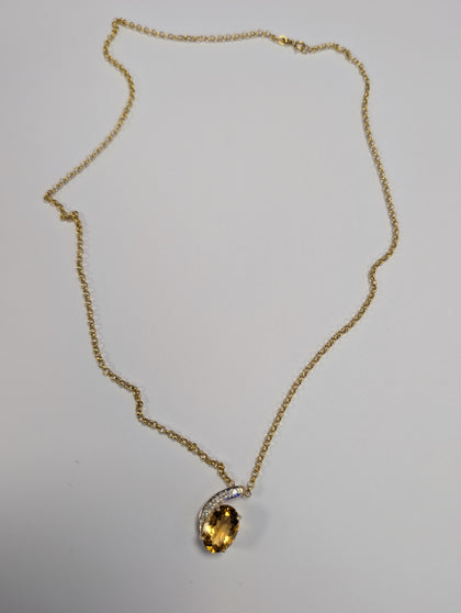 9ct gold Belcher chain with large yellow stone pendant