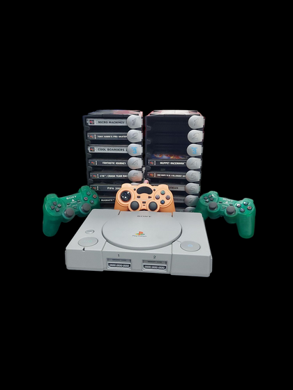 PLAYSTATION 1 BUNDLE WITH 3 CONTROLLERS AND 13 UNIQUE GAMES IN GAMES STAND SONY HOME GAMING CONSOLE ALL WIRES INCLUDED