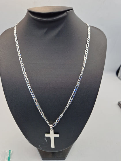 925 Sterling Silver 3 IN 1 Figaro Chain Necklace With Cross Pendant - 24