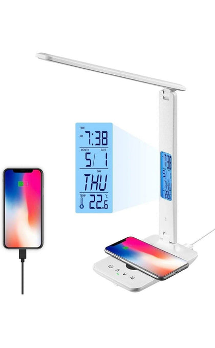 Ximi-v Led Desk Lamp With Wireless Charger, Table Lamp With Clock,.