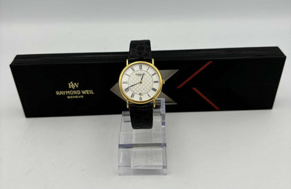 RAYMOND WEIL GENEVE 18K GOLD PLATED MENS DATE WATCH, MODEL 9124-2, NEW BATTERY
