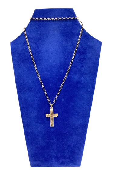 9ct solid bark effect cross and belcher chain 22