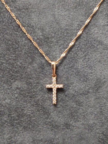 14ct Rose Gold Double-Sided Clear/Black Stone Set Cross & Singapore Chain 20