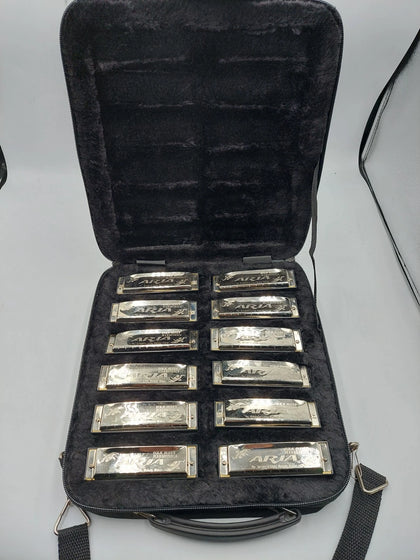 Aria Folk Blues 10-Hole Diatonic Silver Harmonicas Set of 12 - *Original Case* **SALE PRICE**