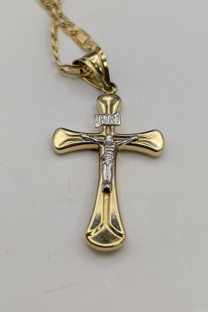 585 14CT, Yellow Gold, INRI Christ on Cross, Figaro Style chain With Decretive Inserts, 16