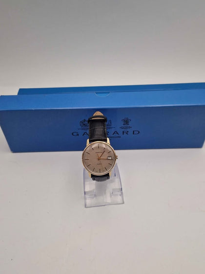 Gerrard 1960's Gold Plated Quartz Watch With Date - Leather Strap - Boxed In Excellent Condition