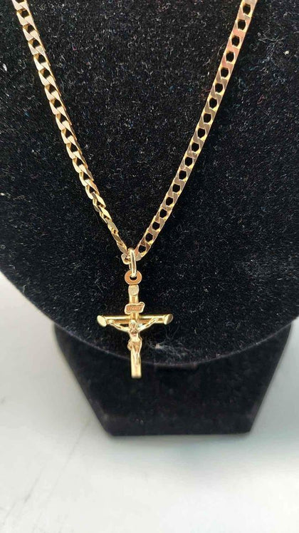 9ct Gold Square Curb Chain Necklace With Crucifix Pendant - 20