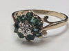 9CT GOLD RING WITH GREEN STONES/DIAMOND SIZE V PRESTON STORE