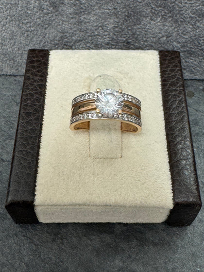 14ct Rose & White Gold Large Stone Band Ring - Size J