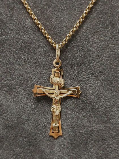 9ct Solid Yellow Gold Crucifix & Belcher Chain - 18