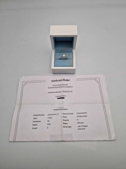 9ct White Gold Ladies Engagement Ring With 1CT Lab Grown Princess Cut Diamond - Size H - 2.64 Grams