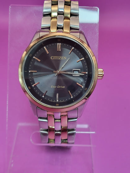 Citizen Corso eco drive Gents watch - 2 tone stainles steel bracelet (L) with black face and rose gold numerals