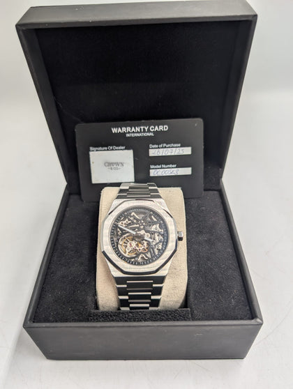 Crown and Co Ocho series Skeleton Black dial watch, boxed