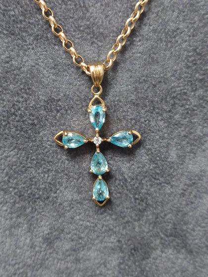 9ct Yellow Gold Cross Claw Set With Pale Blue Stones  & Belcher Chain -  16