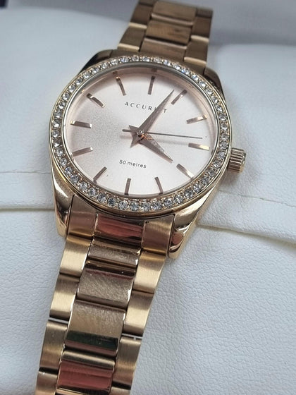 Accurist Swarovski Bazel Rose Gold Tone Lb1512 Ladies Watch.