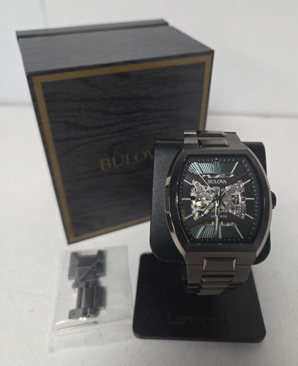 Bulova Maquina Men's Green Skeleton Dial Curve Glass Stainless Steel Watch
