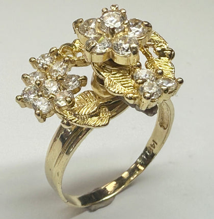 14ct Yellow Gold Leaves & Flower CZ Pyramid Rotating Ring Size R