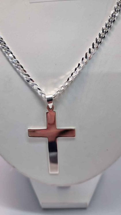 925 Sterling Silver Thin Curb Chain Necklace With Cross Pendant - 24