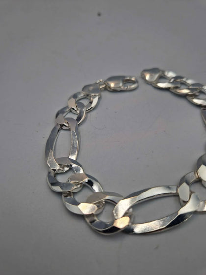 925 Sterling Silver 3 In 1 Figaro Bracelet - 15mm Wide - 9