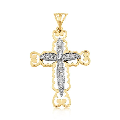 9ct Yellow Gold Fancy Pave CZ Gem-Set Cross Pendant & Solid Belcher