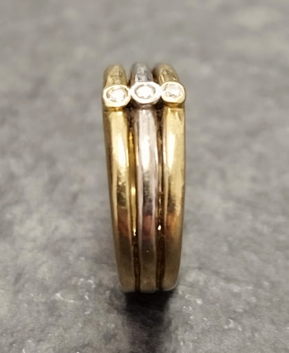 14ct Yellow & White Gold Band Ring with 3 Bezel Set Stones - Size N