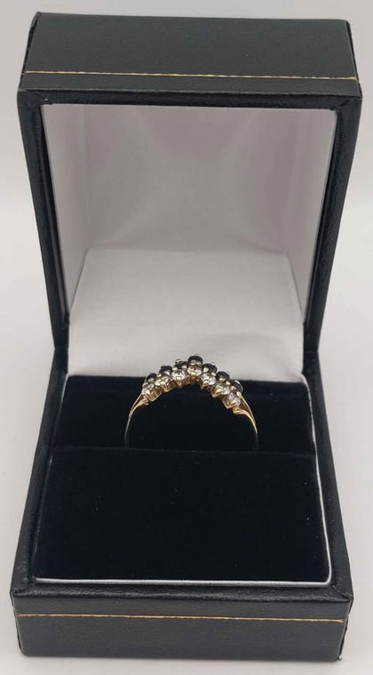 9ct Yellow gold ring with black and white stones in a crown shape 1.7g size S Boxed & hallmarked