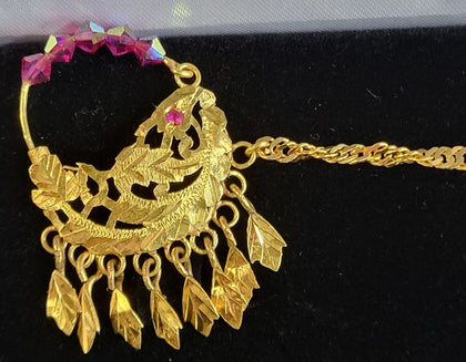 22ct  Yellow Gold Nose Ring With Pink Beads/Stones (Nath) And Rope Chain With Hook - 6