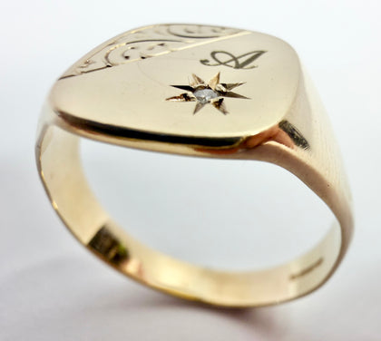 9ct yellow gold and diamond signet ring with the letter A W 1/2