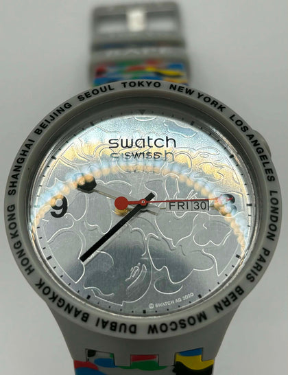 Swatch x BAPE Tokyo watch with generic boxed 47mm Big Bold celebrating the streetwear brand’s home city