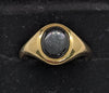 750 HALLMARKED 18CT, YELLOW GOLD, RING WITH BLACK STONE, SIZE: T/9.5. 6.7G, BOXED