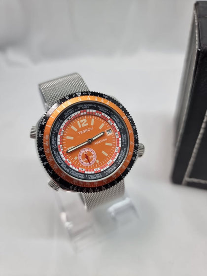 DX Tegrov Aviation T23765 1970's Men's Watch Orange Dial World Time 25 Jewel Swiss Made Automatic