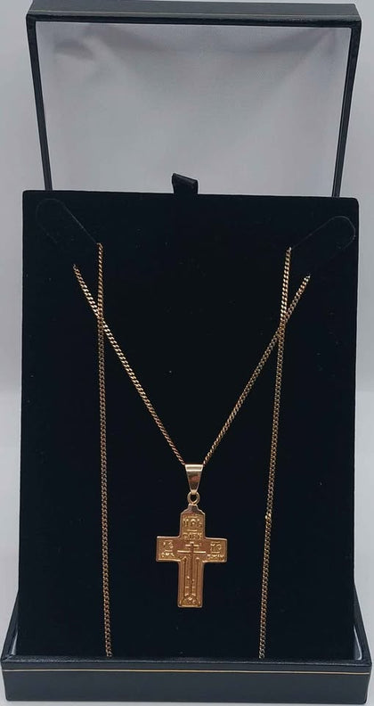 9ct yellow gold 3.4g chain with 14ct yellow gold 5.8g orthodox cross pendant Boxed 18