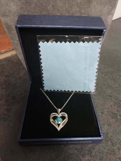 Silver Double Open Heart ' I Love You' Pendant with Blue Stone & Chain