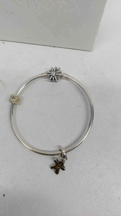 Pandora (ALE 925) Sterling Silver Bangle Bracelet With 2x Charms (Gingerbread Man & Hexagon) - Boxed.