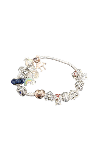 OFFICIAL PANDORA ROSE GOLD HEART CLASP SNAKE CHAIN SILVER BRACELET WITH 13 CHARMS, BOXED