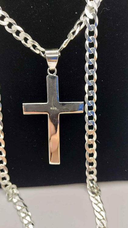 925 Sterling Silver Thin Curb Chain Necklace With Cross Pendant - 24