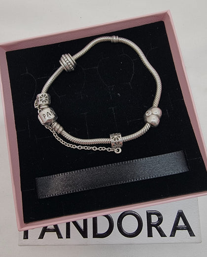 Pandora Bracelet with 2 charms (one heart) and safety chain